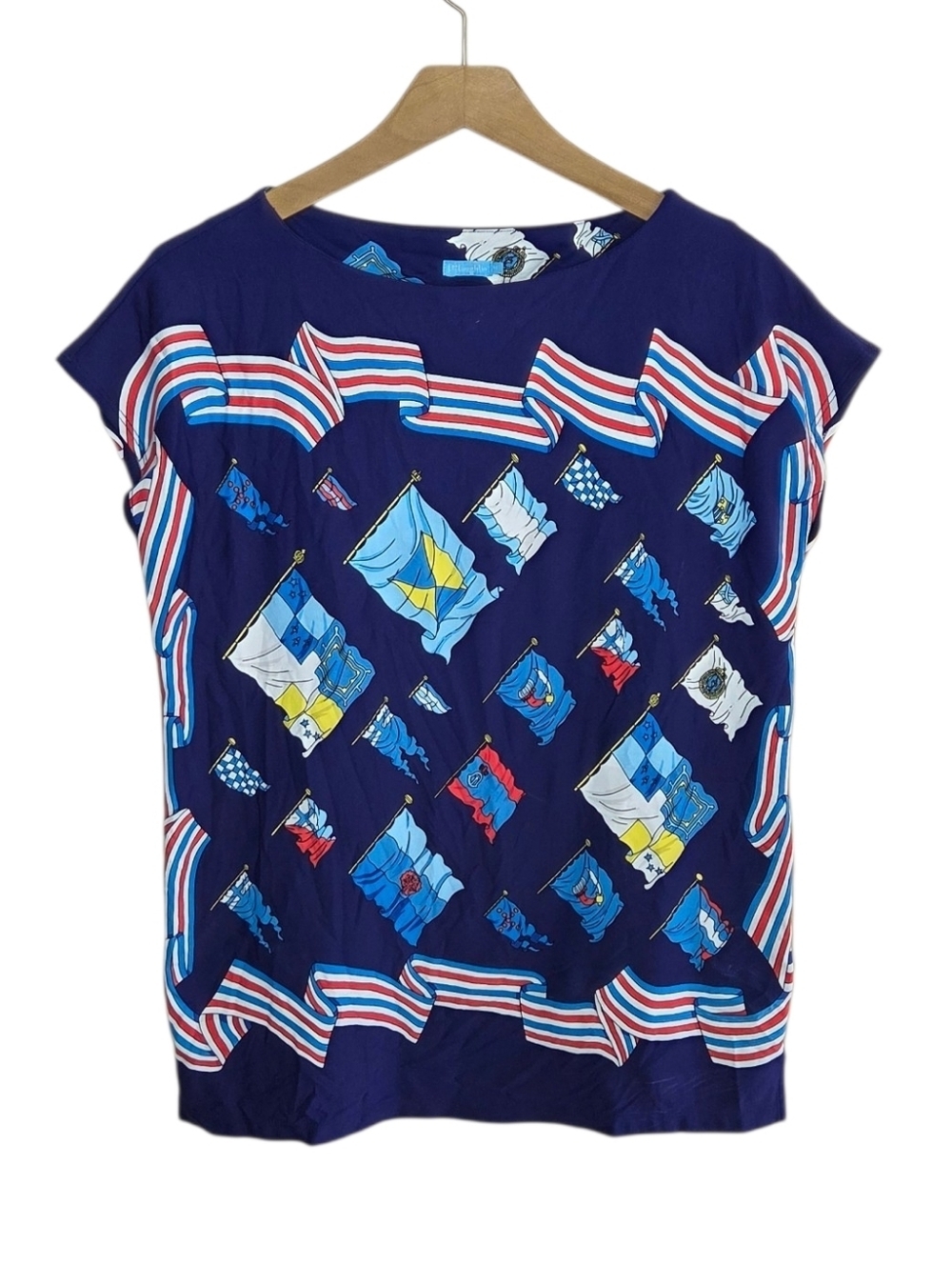 J. McLaughlin Navy Blue Colorful Nautical Flags Graphic Top Size Medium Coastal